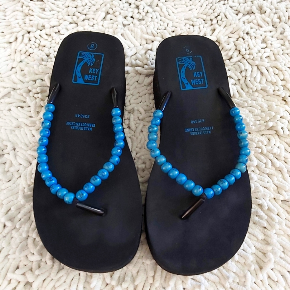 Key West black with teal beads platform sandals- size 8